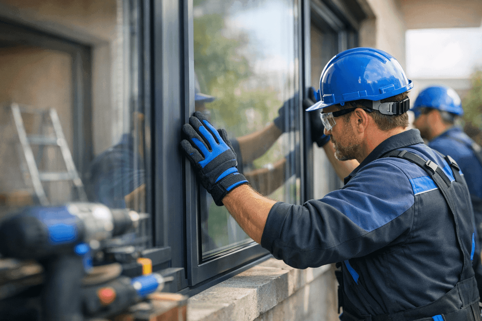 Professional ndow installers wearing gloves and helmets fitting large ndow pane outdoors
